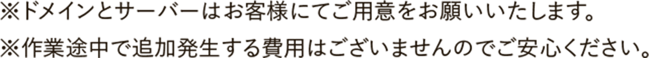 ドメインとサーバーはお客様にてご用意をお願いいたします。作業途中で追加発生する費用はございませんのでご安心ください。